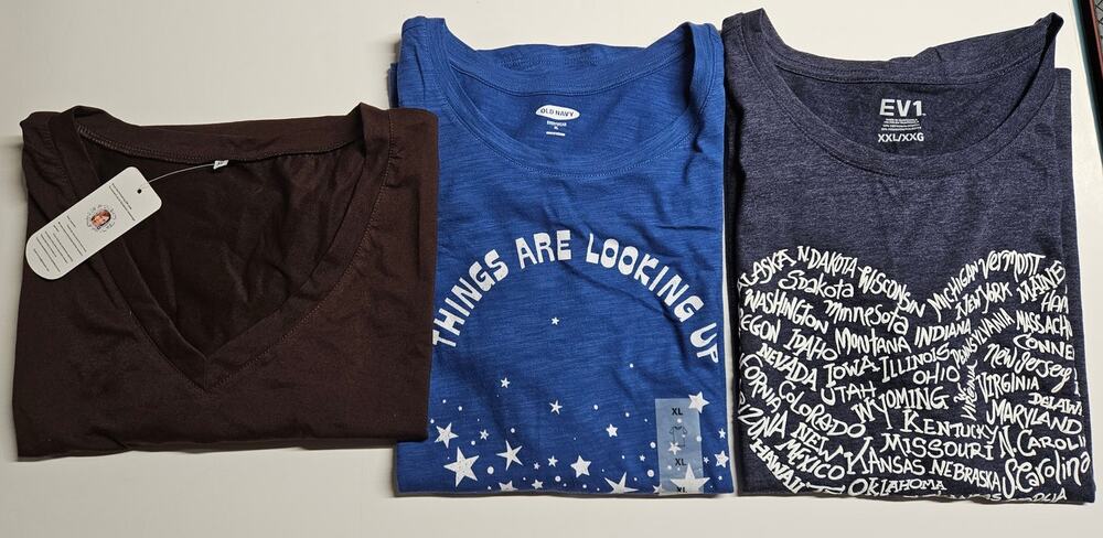 Lot of 3 Woman's T-shirts, 2 NWT, 1 NWOT,  Size XL, 1 XXL, 2 XL, Blue & Brown